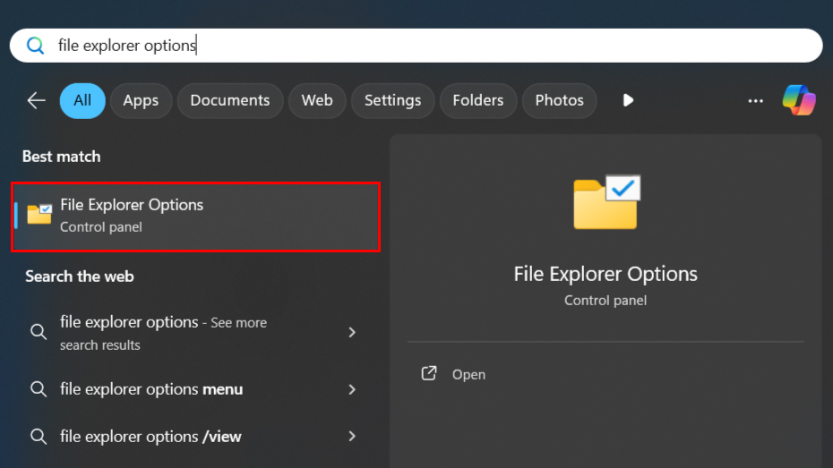 پیدا کردن file explorer options از بخش جستجوی ویندوز