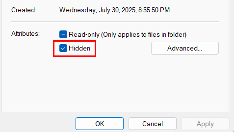 فعال کردن تیک مخفی شدن فایل