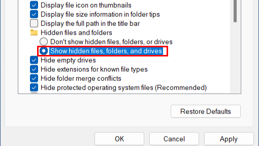 فعال کردن گزینه Show hidden files, folders, and drives برای قابل مشاهده کردن فایل مخفی