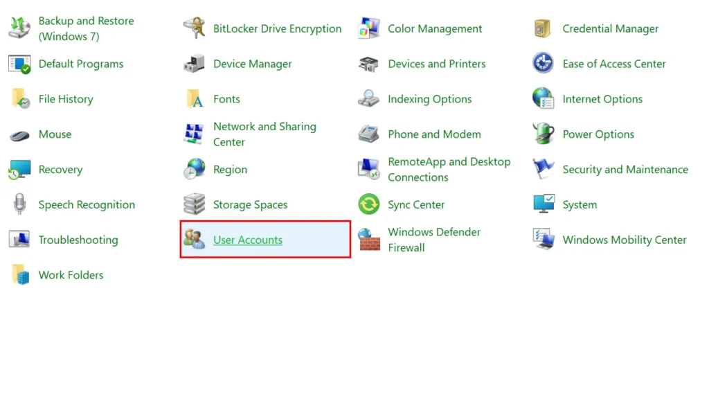 اسکرین شات از control panel، مرحله دوم از ایجاد رمز برای ویندوز. انتخاب user accounts
