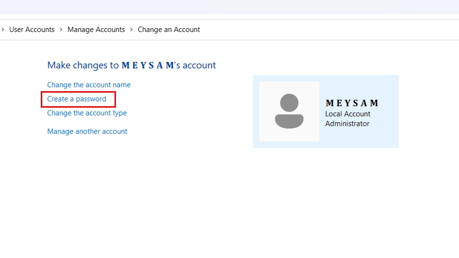 اسکرین شات مرحله پنجم از نحوه رمز گذاشتن روی ویندوز. انتخاب گزینه creat a password