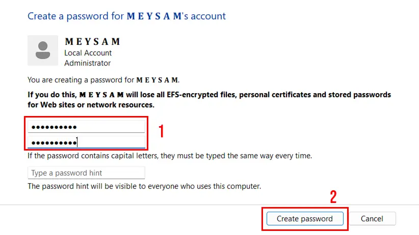اسکرین شات مرحله ششم از نحوه رمز گذاشتن روی ویندوز. وارد کردن رمز یا پسورد