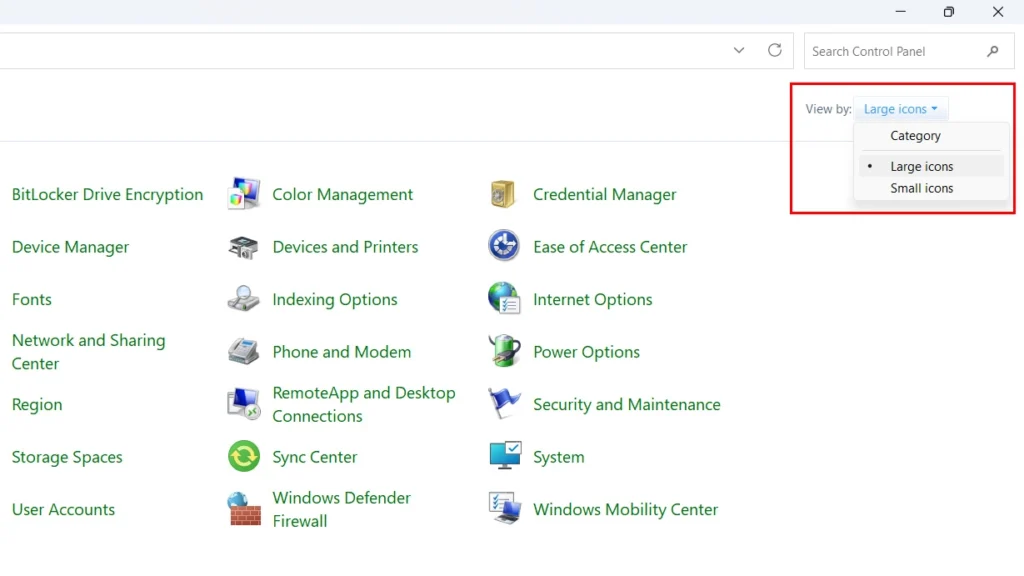 اسکرین شات از قسمت control panel، مرحله اول از ایجاد رمز برای ویندوز. بخش view by